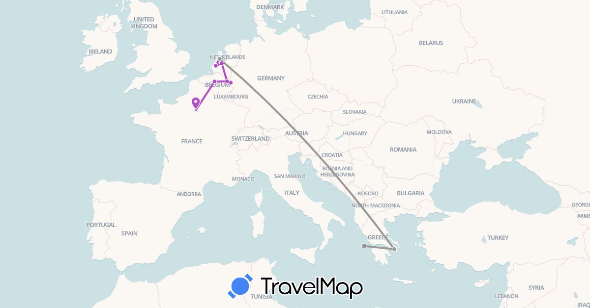 TravelMap itinerary: driving, plane, train in Belgium, Germany, France, Greece, Netherlands (Europe)